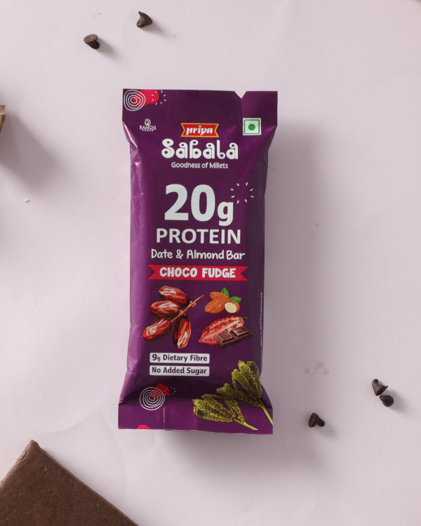 Choco Fudge Date & Almond Bar with 20g protein, almonds, and millets in purple packaging