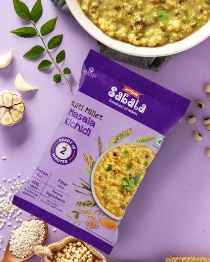 Multi Millet Masala Kichidi packet with a bowl of spicy millet and pulse kichidi, featuring traditional Indian flavors and natural ingredients.